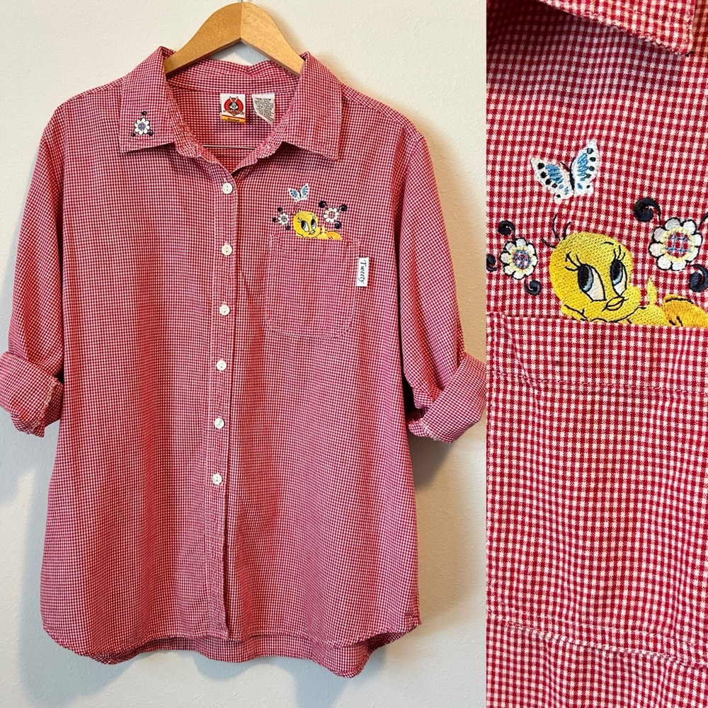 Y2K Looney Tunes 18/20W Women’s Embroidered Tweety Red Plaid Button Downshirt